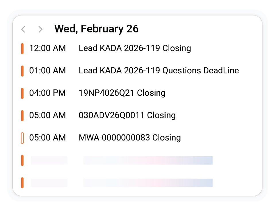 GovOps360 month and agenda views display upcoming RFP deadlines and government contracting pipeline events in chronological order