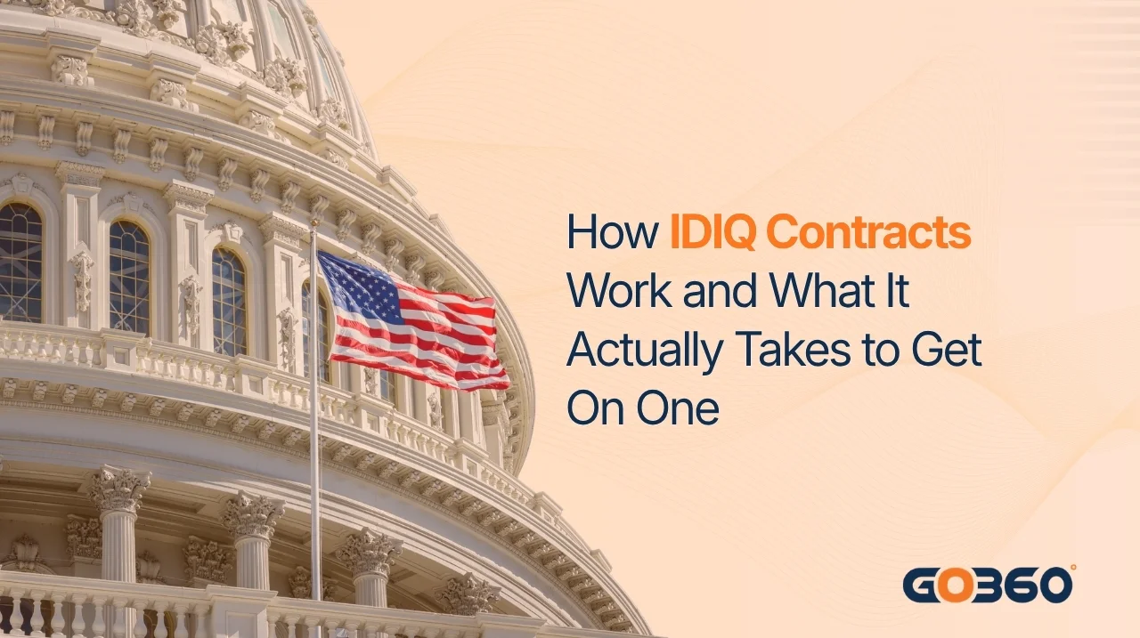 Cover graphic for the GovOps360 guide to IDIQ contracts, showing contract ceilings as tall bars each with a thin guaranteed minimum band at the base.