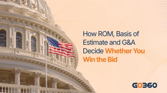 Cover graphic for the ROM estimate, basis of estimate and G&A guide, showing estimate accuracy bands narrowing as project definition improves, with a rough order of magnitude sitting in the widest band.