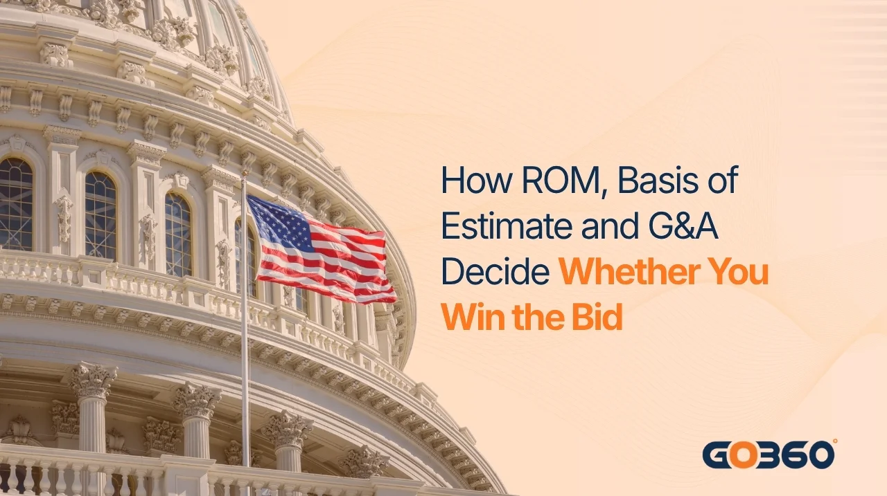 Cover graphic for the ROM estimate, basis of estimate and G&A guide, showing estimate accuracy bands narrowing as project definition improves, with a rough order of magnitude sitting in the widest band.
