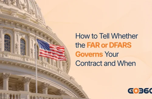 FAR vs DFARS: which rules apply to your contract Cover graphic for the FAR vs DFARS guide, showing the FAR as 48 CFR Chapter 1 with clauses numbered 52 and the DFARS as 48 CFR Chapter 2 with clauses numbered 252 stacked above it, with the note that a supplement adds a layer and never removes the one below.