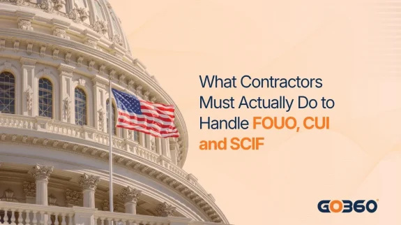 Cover graphic for the FOUO meaning, CUI and SCIF guide, showing a struck-through FOUO stamp marked void since 14 November 2016 becoming a CUI banner marking with banner, portion and designation indicator elements.
