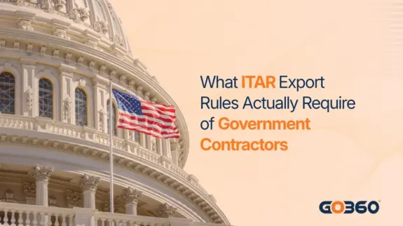 GovOps360 article cover: ITAR, the International Traffic in Arms Regulations, showing the three stage authorization strip in which only the approved license authorizes an export.